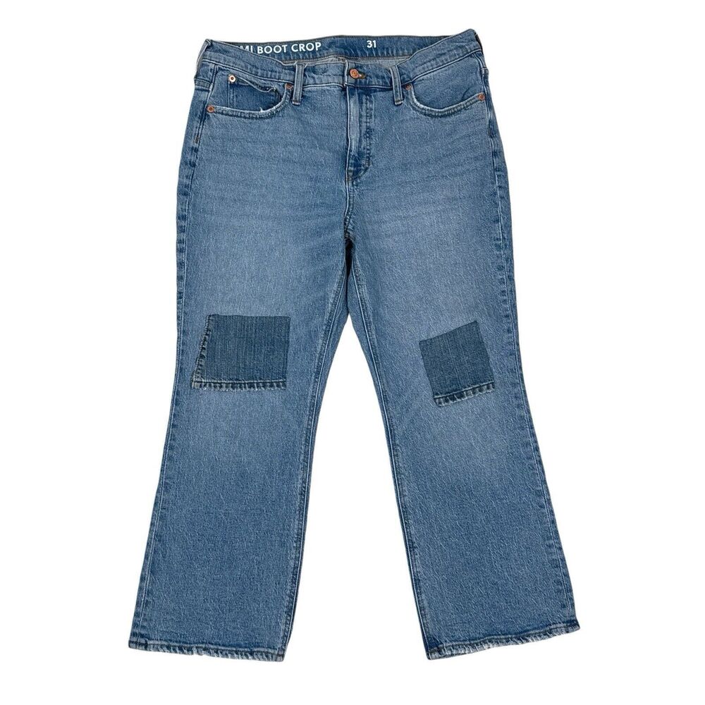 J Crew Demi Boot Crop Jeans Womens Size 31 Medium Wash Patchwork‎ Bootcut Patch